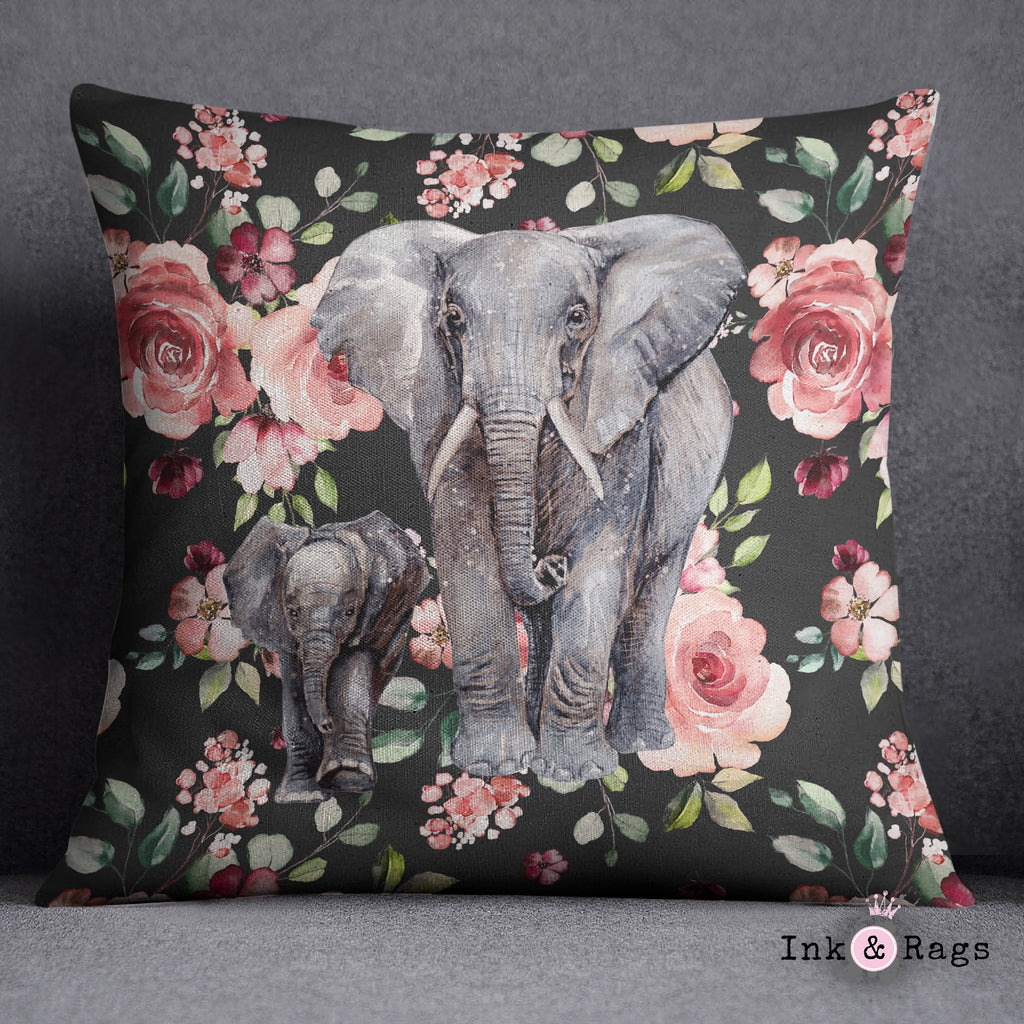 Dark Pink Rose Mama and Baby Elephant Decorative Throw and Pillow Cover Set