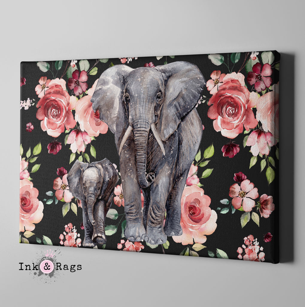 Dark Pink Rose Mama and Baby Elephant Gallery Wrapped Canvas