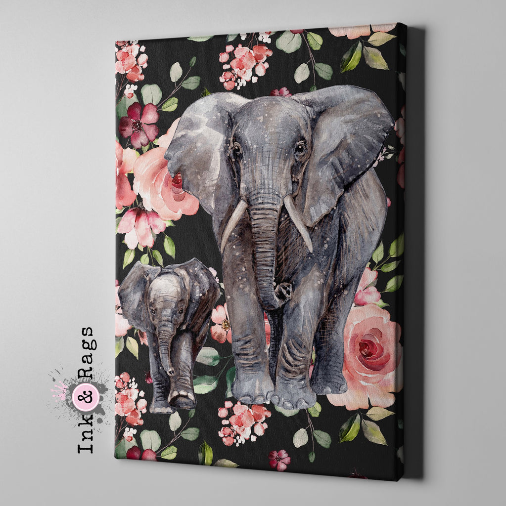 Dark Pink Rose Mama and Baby Elephant Gallery Wrapped Canvas