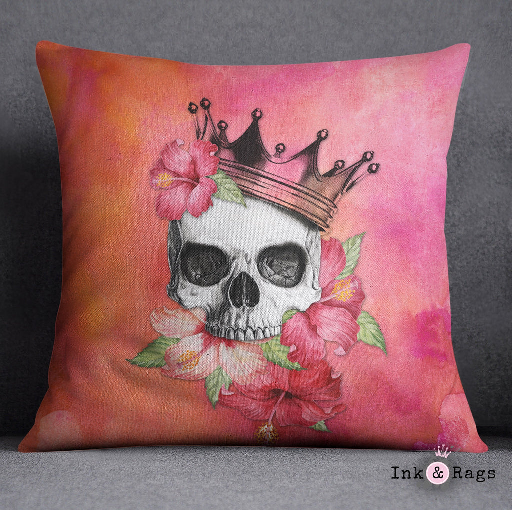 Hibiscus Watercolor Skull Crown Throw Pillow