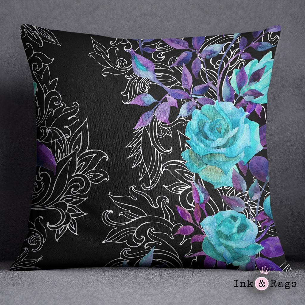 Turquoise and Purple Rose with Hand Drawn Scroll Work Throw Pillow