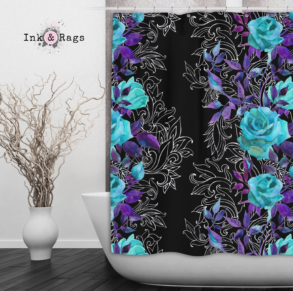 Turquoise and Purple Rose with Hand Drawn Scroll Work Shower Curtains and Optional Bath Mats