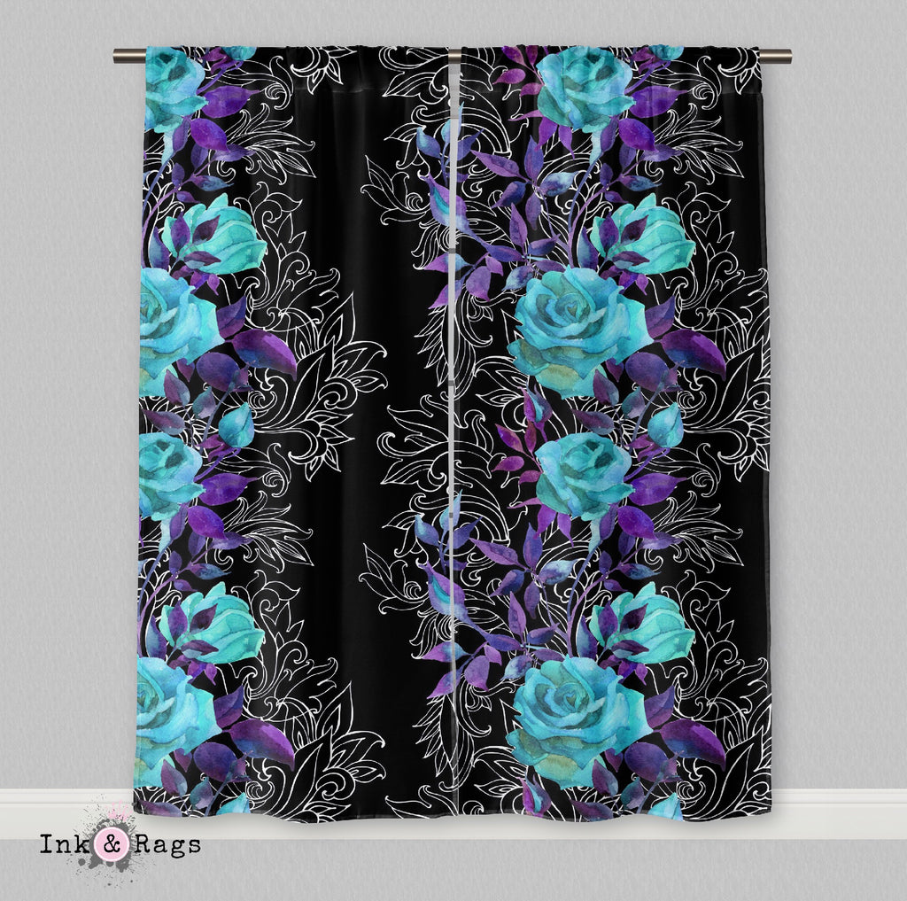 Turquoise and Purple Rose with Hand Drawn Scroll Work Curtains