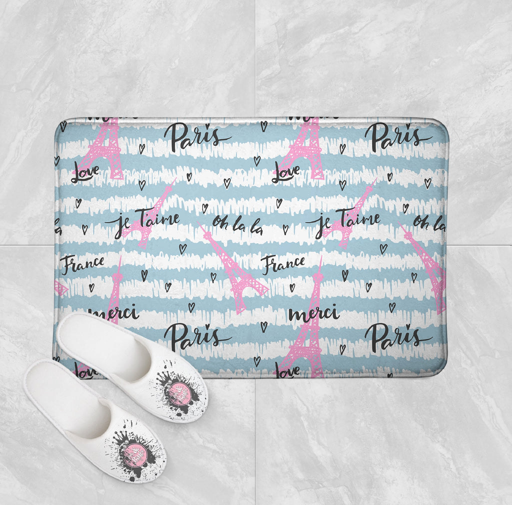 Pink and Blue Paris Eiffel Tower Shower Curtains and Optional Bath Mats