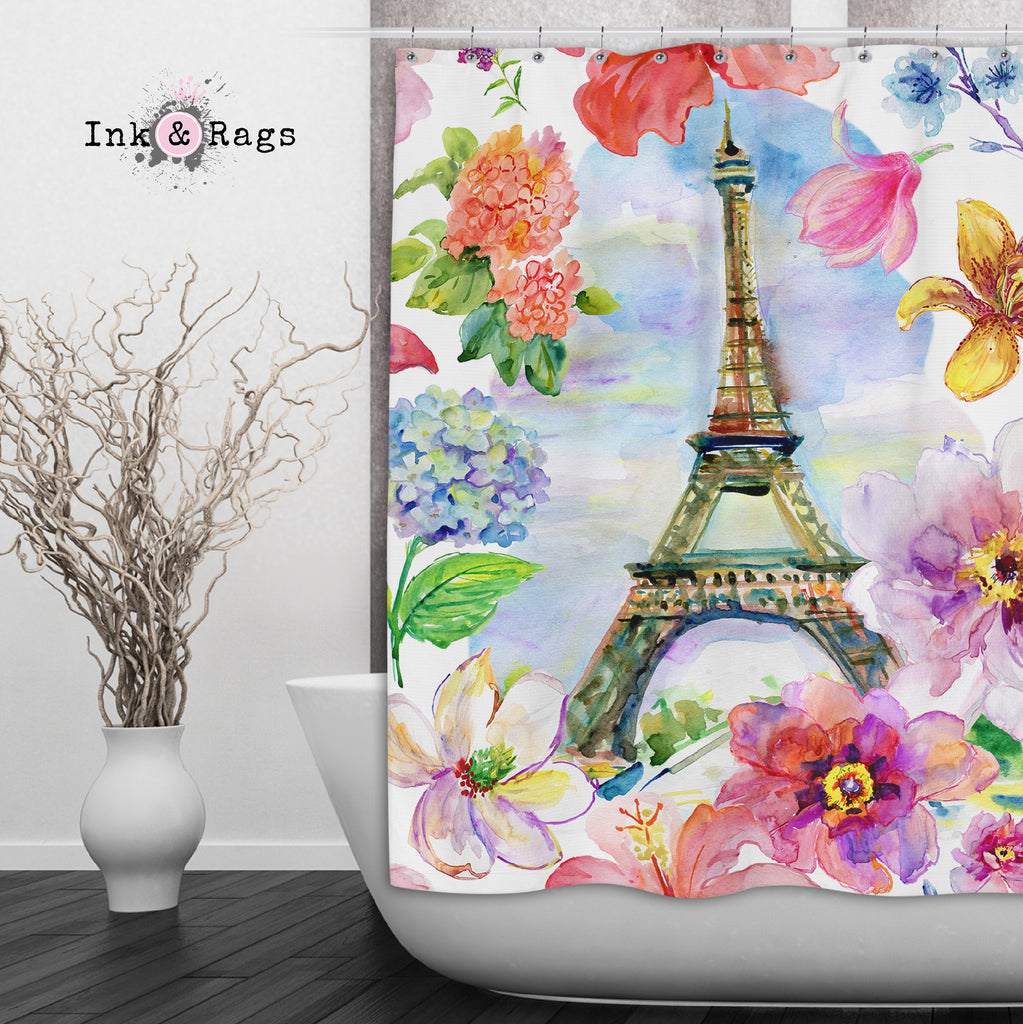 Paris in Spring Eiffel Tower Shower Curtains and Optional Bath Mats