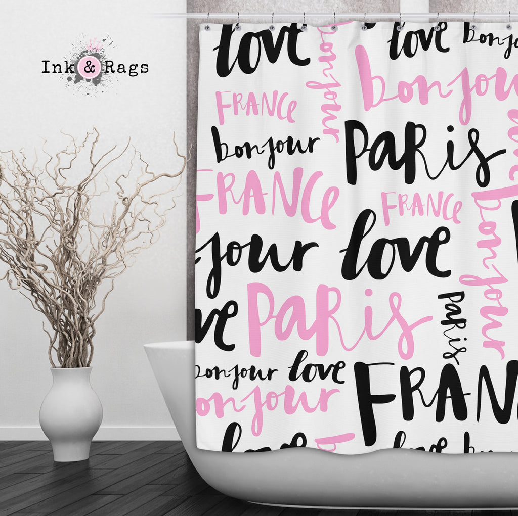 Love Paris Pink Black Type Set Shower Curtains and Optional Bath Mats