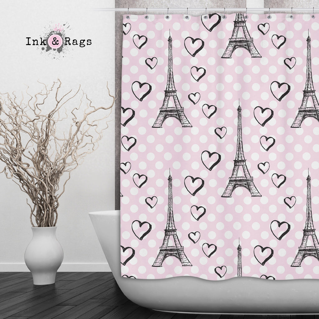 Pink Dot Love Paris Eiffel Tower Shower Curtains and Optional Bath Mats
