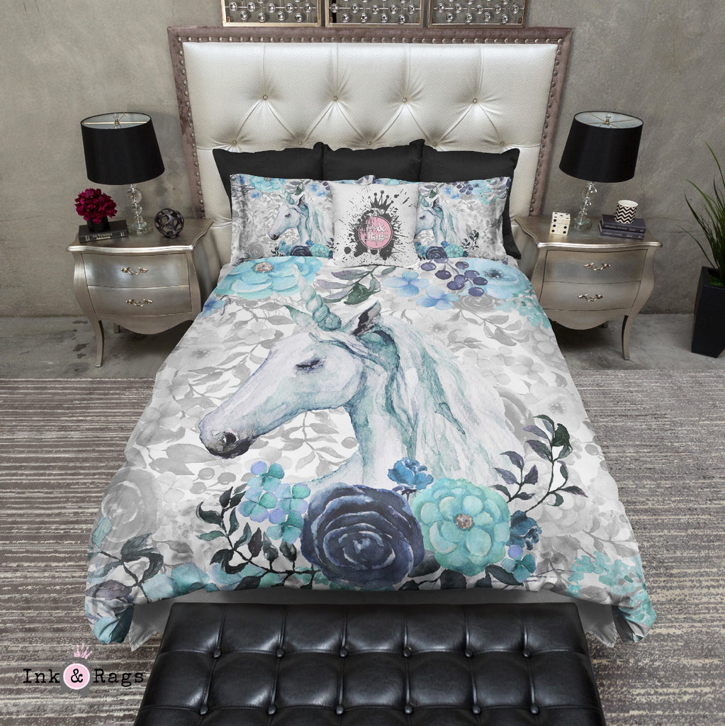 Turquoise Watercolor Flower Unicorn Bedding Collection