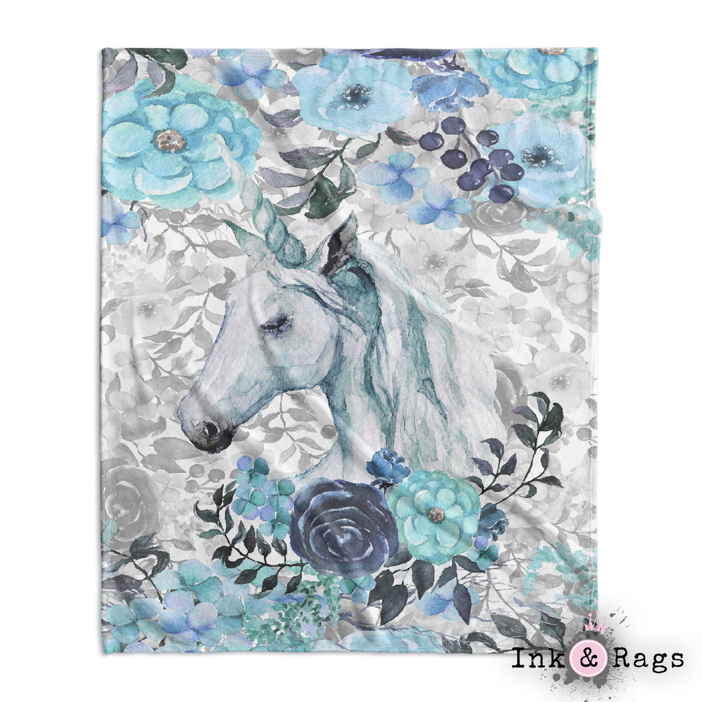 Turquoise Watercolor Flower Unicorn Decorative Throw and Pillow Cover Set