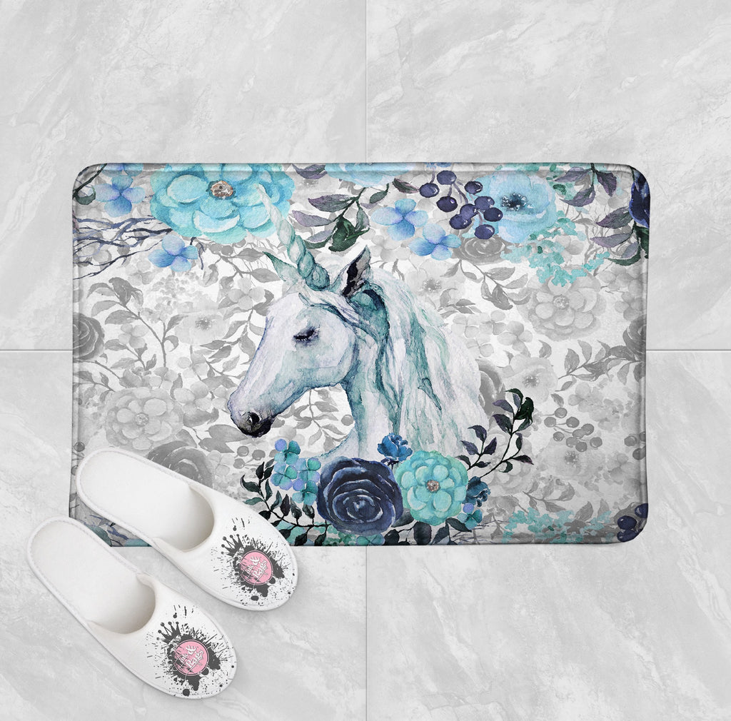 Turquoise Watercolor Flower Unicorn Shower Curtains and Optional Bath Mats