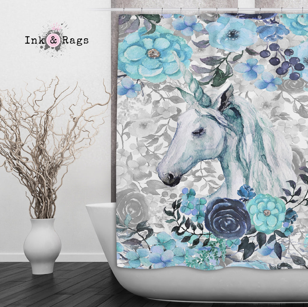 Turquoise Watercolor Flower Unicorn Shower Curtains and Optional Bath Mats