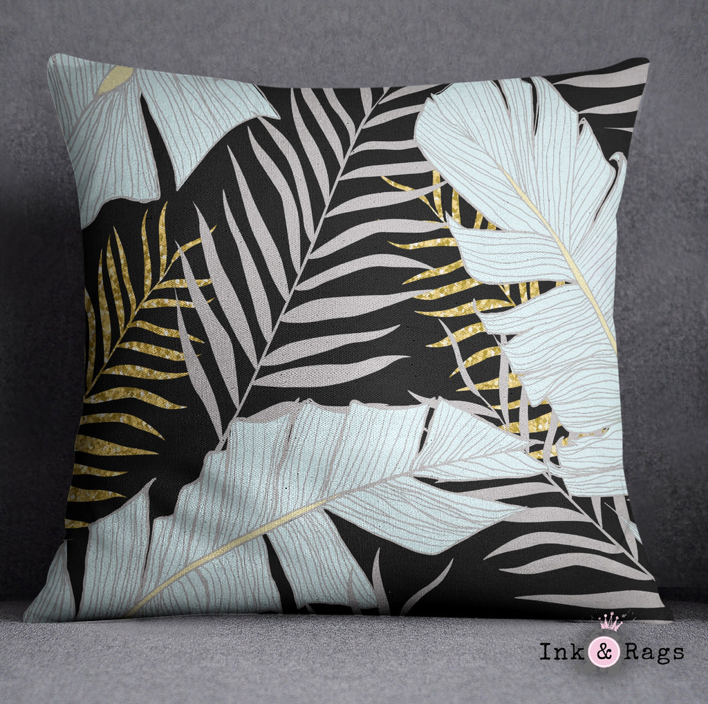 Powder and Gold Palm and Banana Leaf Black Throw Pillow