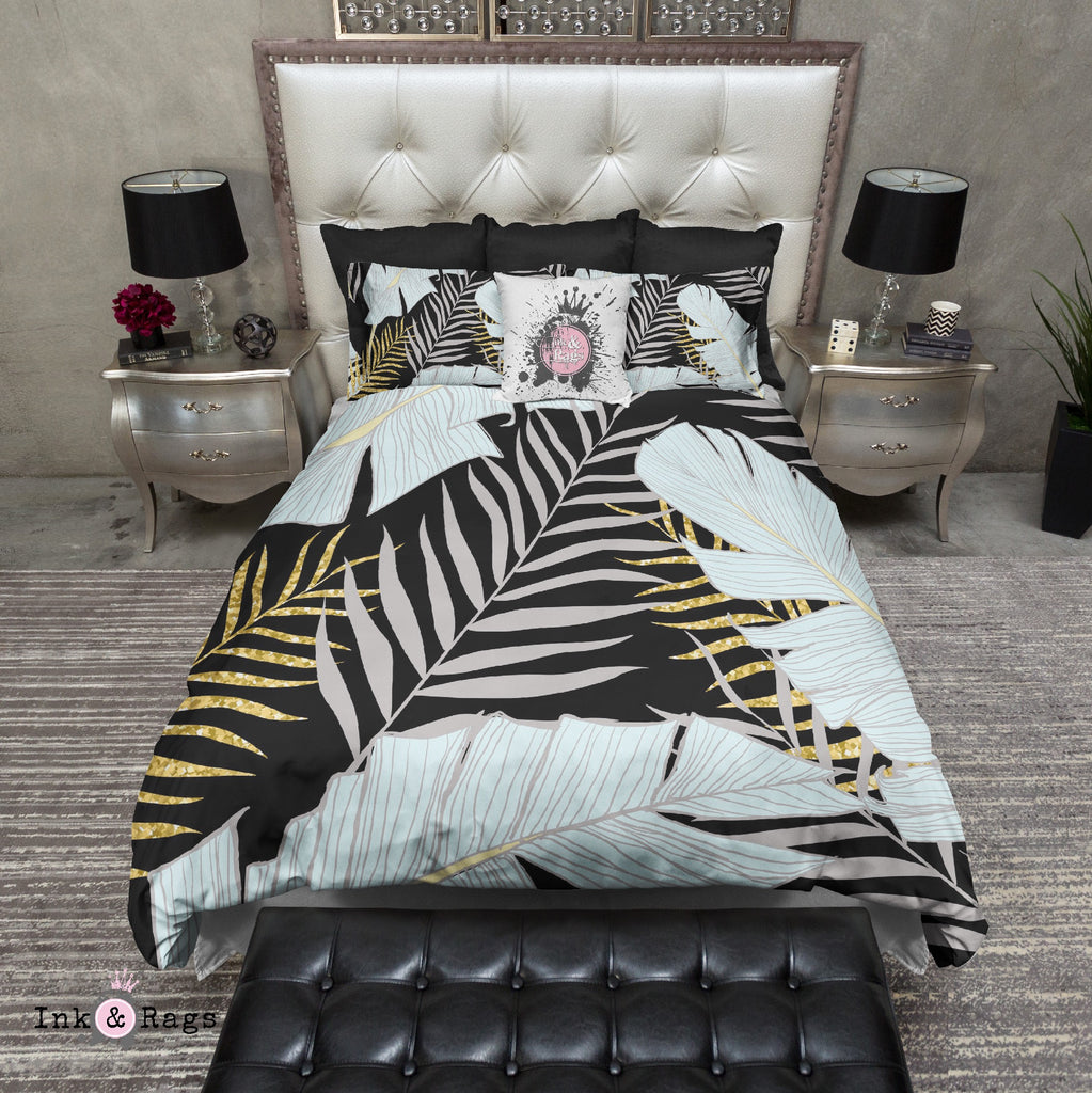 Powder and Gold Palm and Banana Leaf Black Bedding Collection