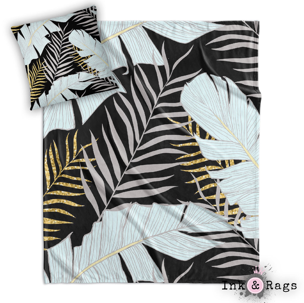 Powder and Gold Palm and Banana Leaf Black Decorative Throw and Pillow Cover Set