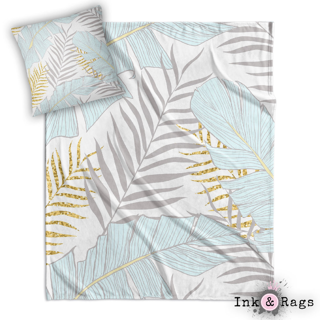 Powder and Gold Palm and Banana Leaf Decorative Throw and Pillow Cover Set