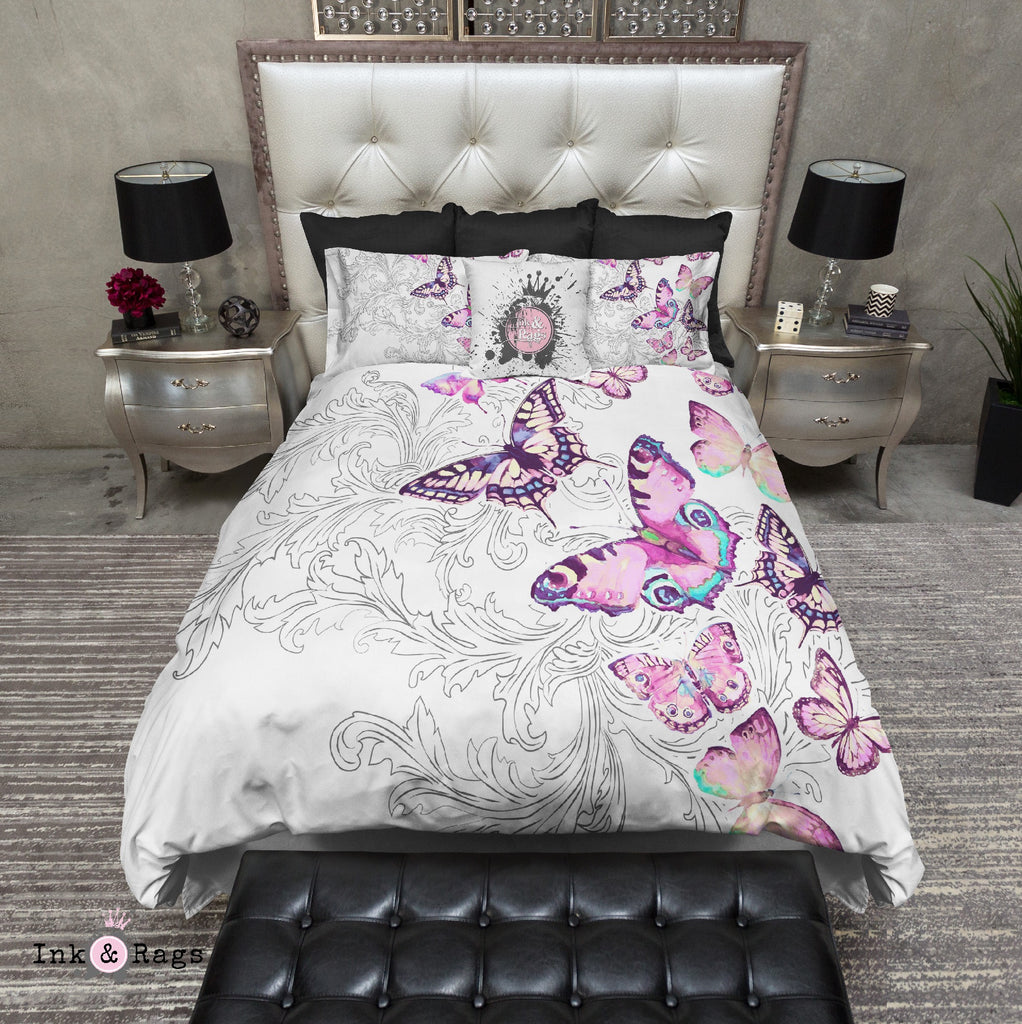 Watercolor Butterfly and Hand Drawn Leaf Bedding Collection