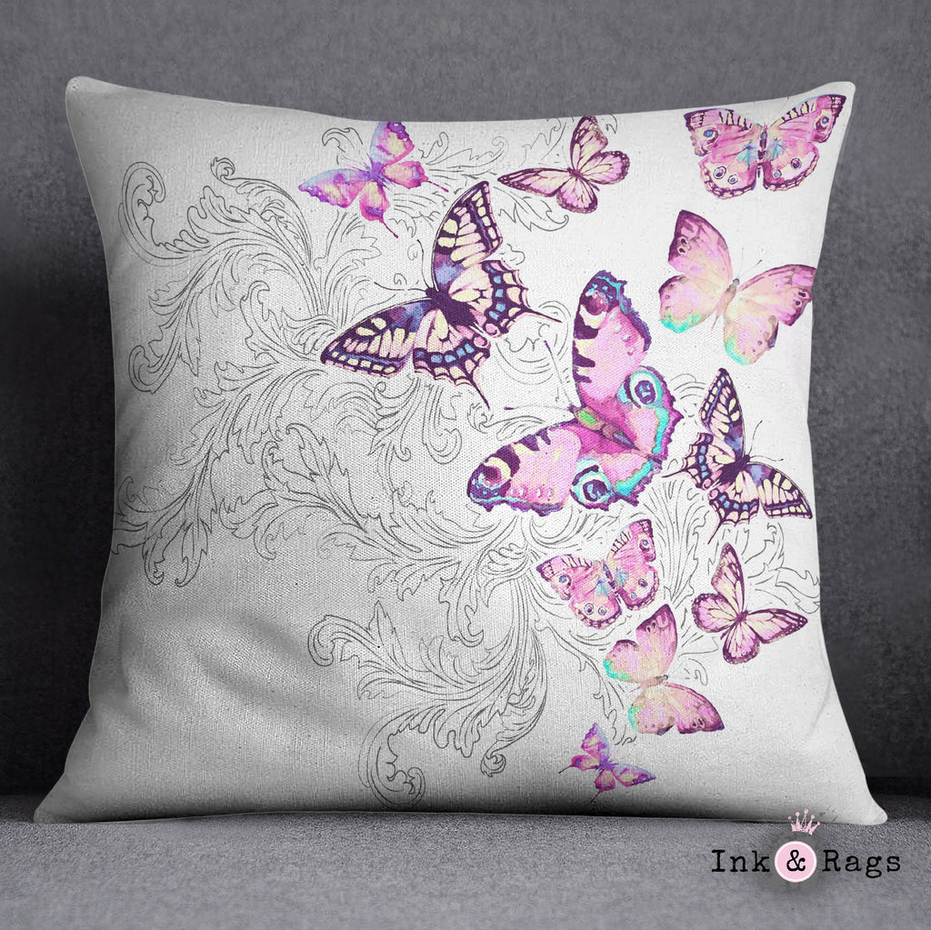 Watercolor Butterfly and Hand Drawn Leaf Throw Pillow