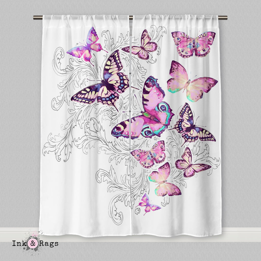 Watercolor Butterfly and Hand Drawn Leaf Curtains