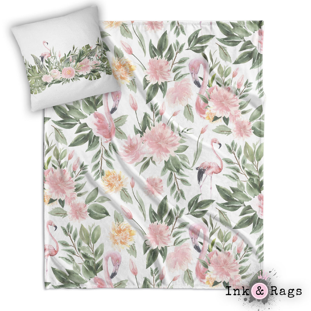 Sage Green and Pink Flamingo Decorative Throw and Pillow Cover Set