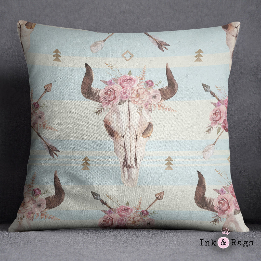 Boho Chic Stripe and Rose Bull Skull Decorative Throw and Pillow Cover Set