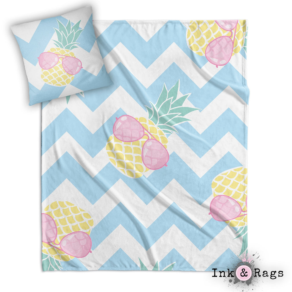 Pineapple with Pink Aviators on Chevron Decorative Throw and Pillow Cover Set