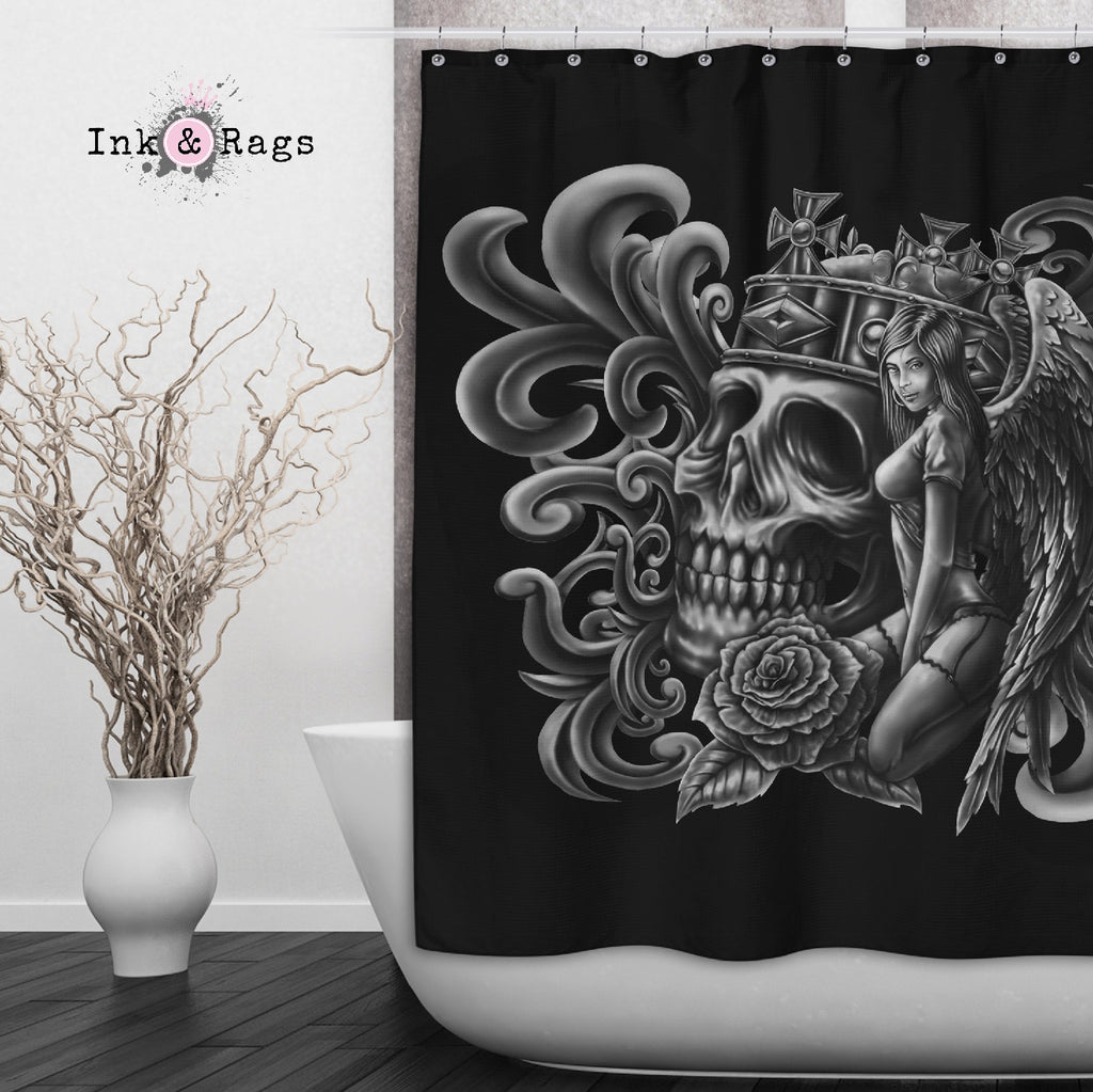 The Angel and Her King Skull Shower Curtains and Optional Bath Mats