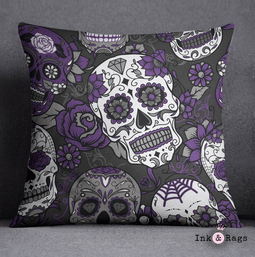 Purple and Grey Sugar Skull and Rose Decorative Throw and Pillow Cover Set