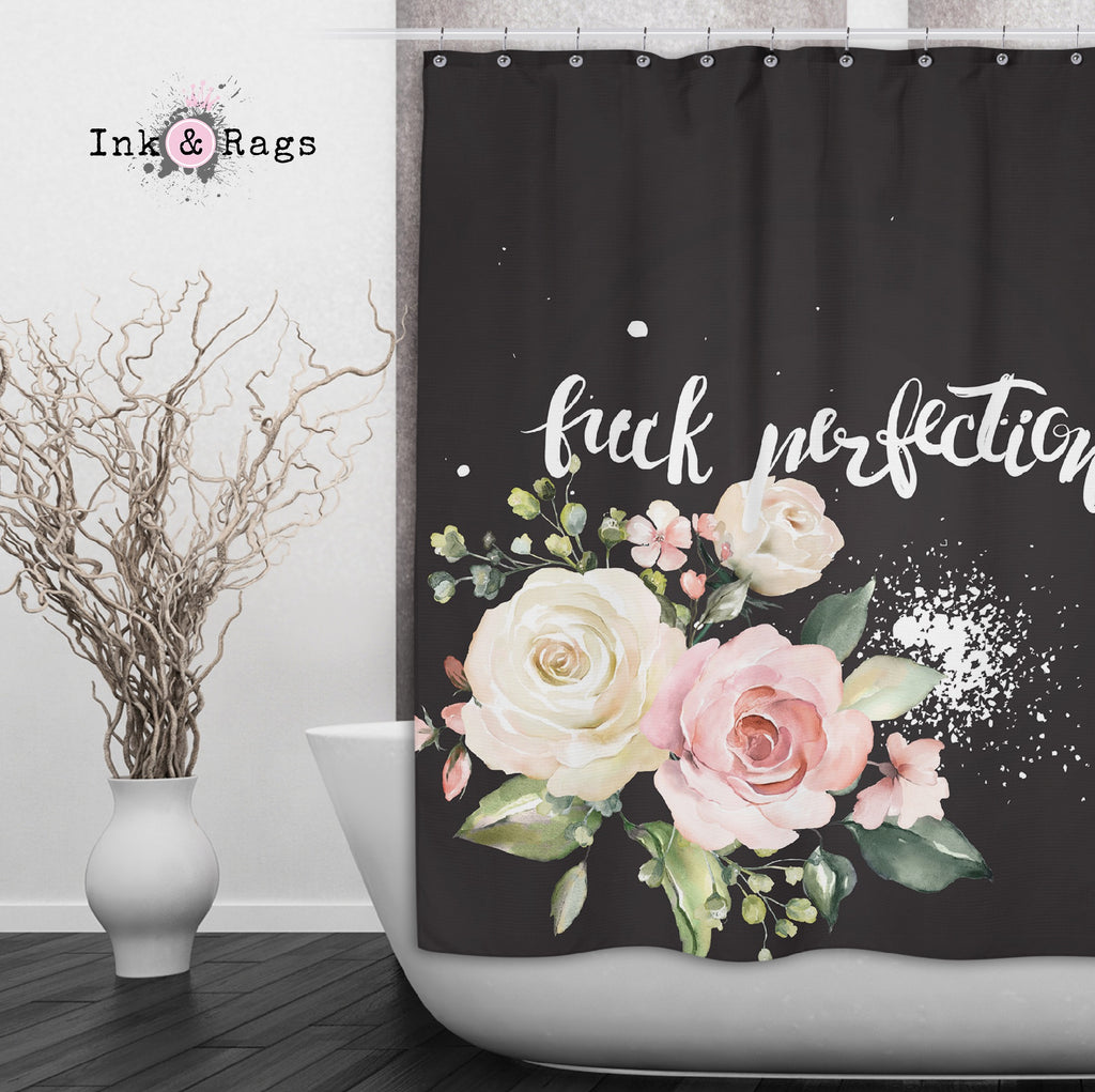 Fuck Perfection Pastel Watercolor Rose Shower Curtains and Optional Bath Mats