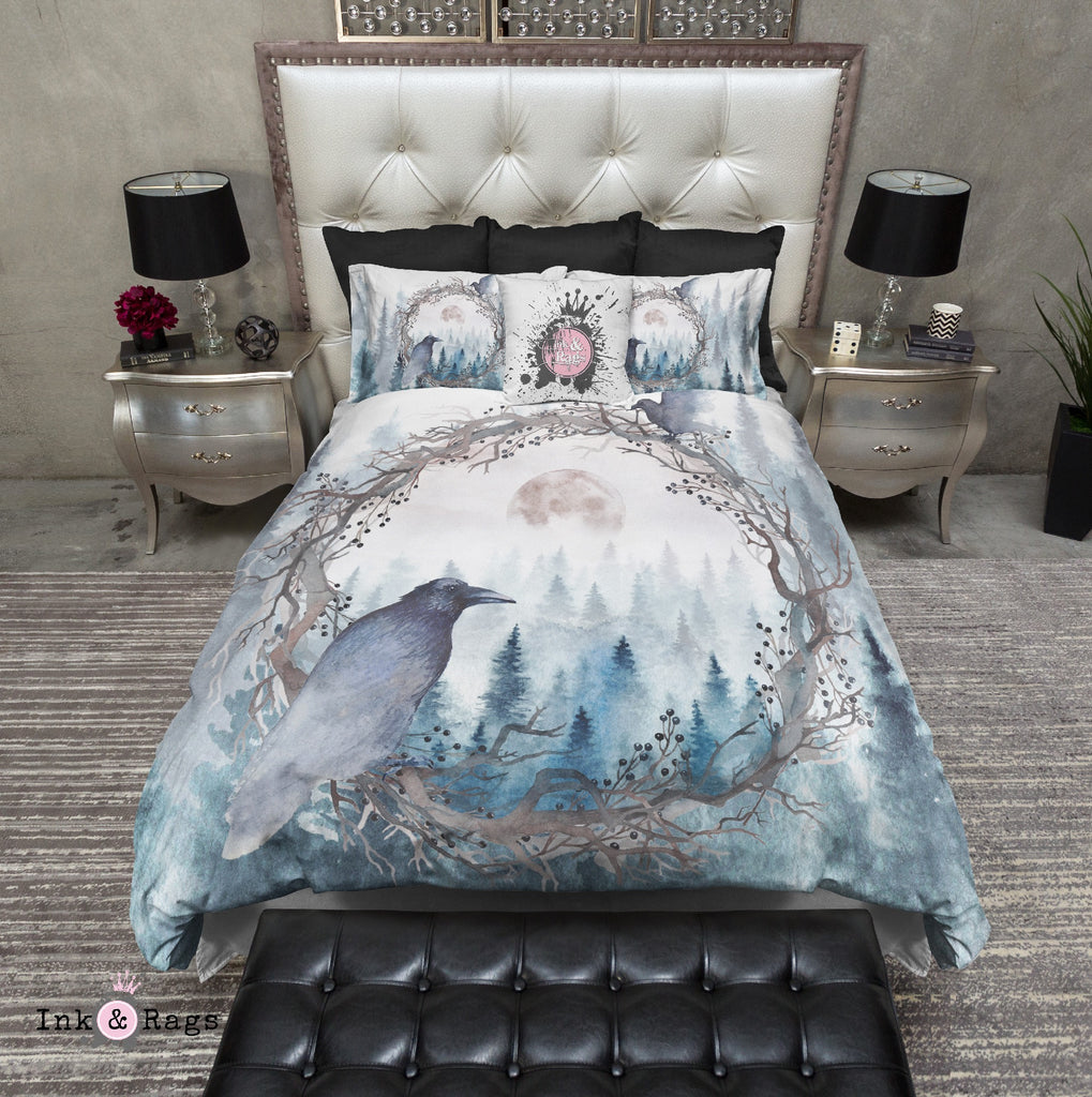 Poe Inspired Watercolor Forest Moon Raven Bedding Collection