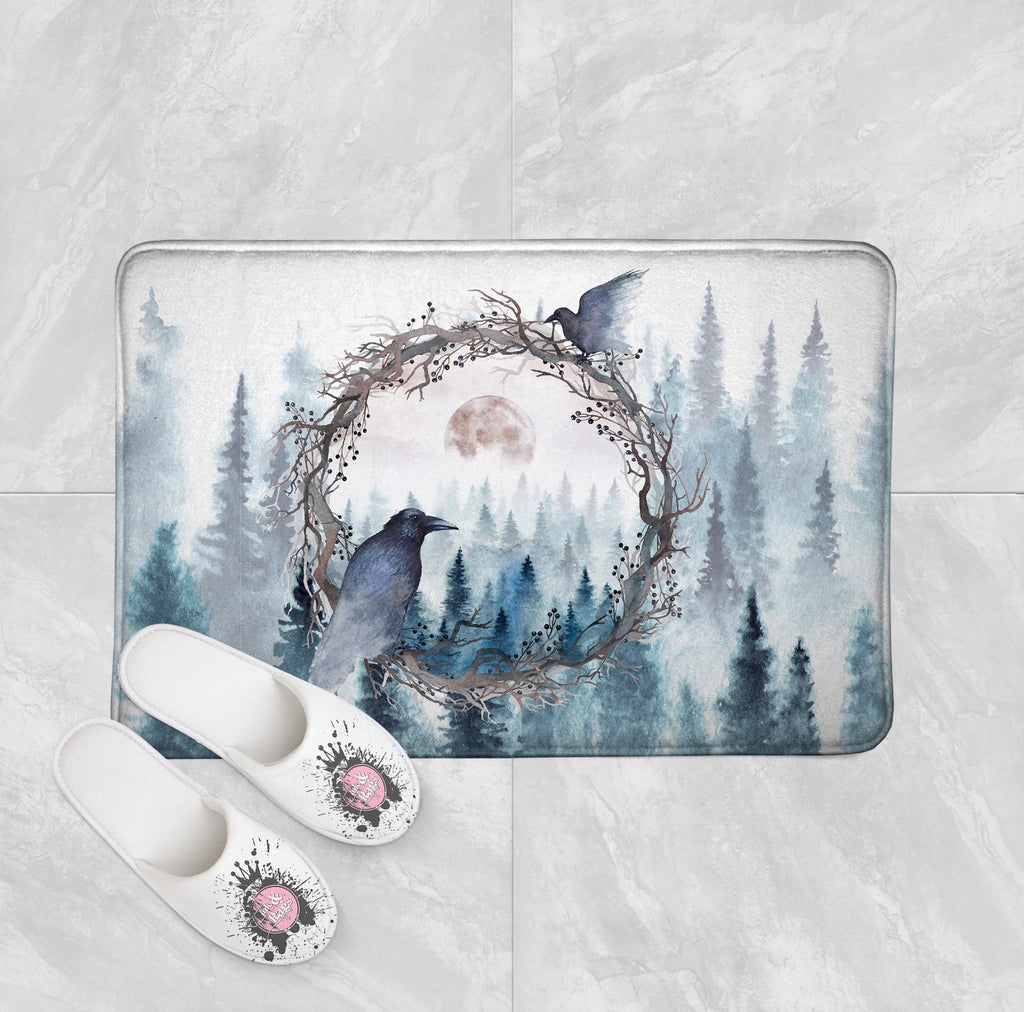 Poe Inspired Watercolor Forest Moon Raven Shower Curtains and Optional Bath Mats