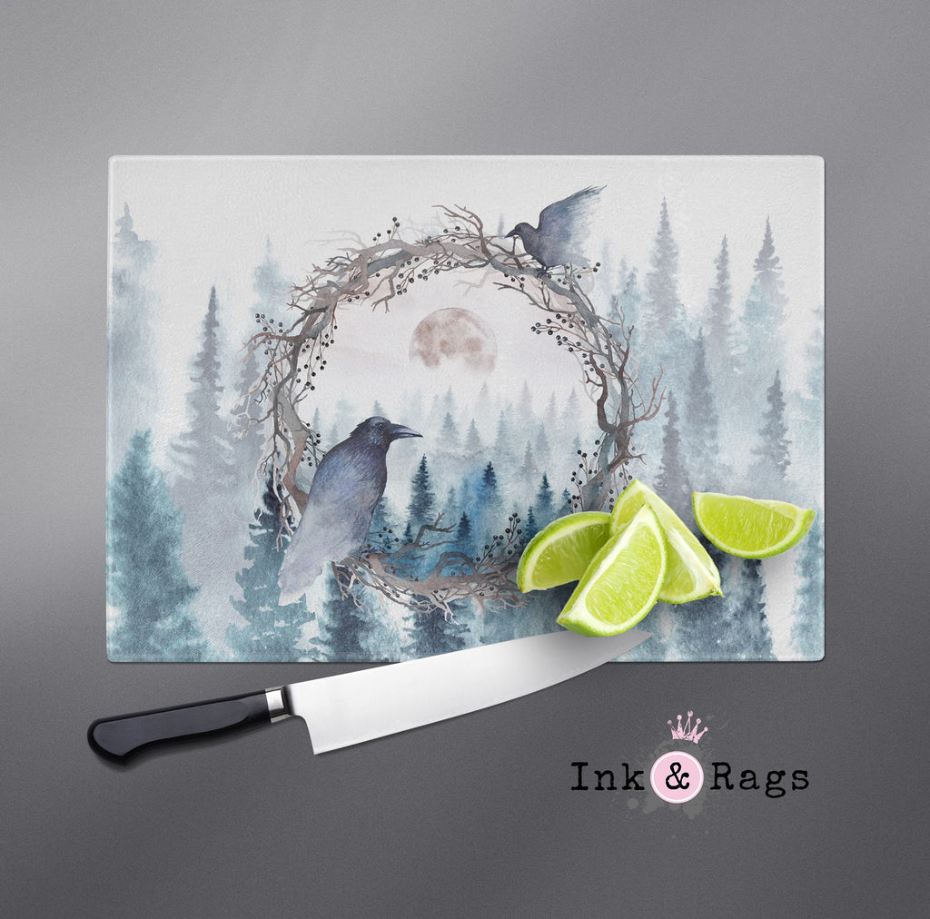 Poe Inspired Watercolor Forest Moon Raven Cutting Boards