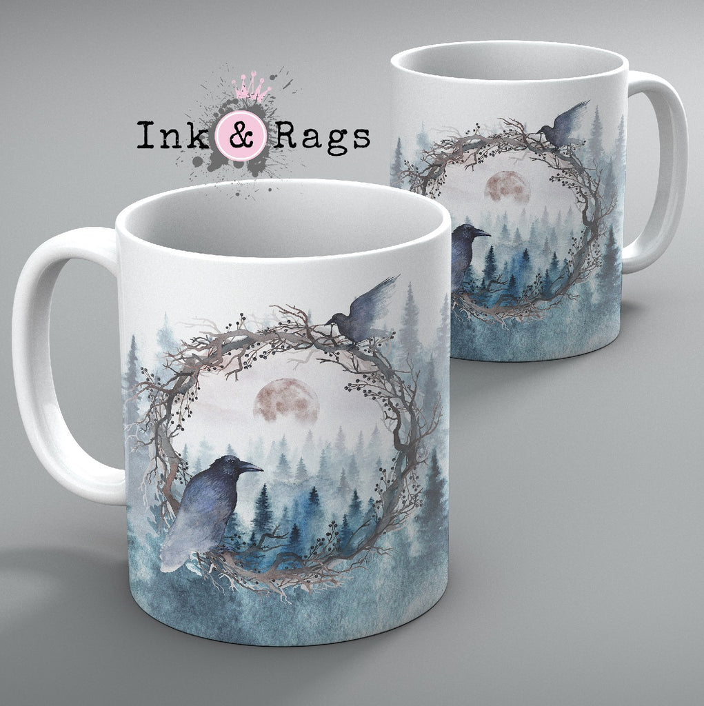 Poe Inspired Watercolor Forest Moon Raven Mug Set of 2