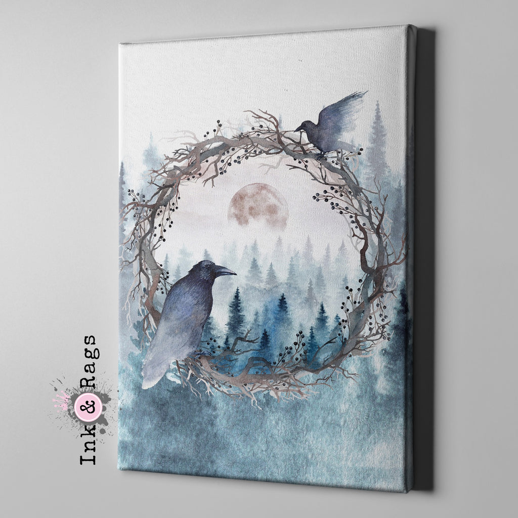 Poe Inspired Watercolor Forest Moon Raven Gallery Wrapped Canvas
