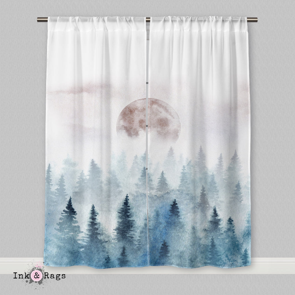 Poe Inspired Watercolor Forest Moon Raven Curtains
