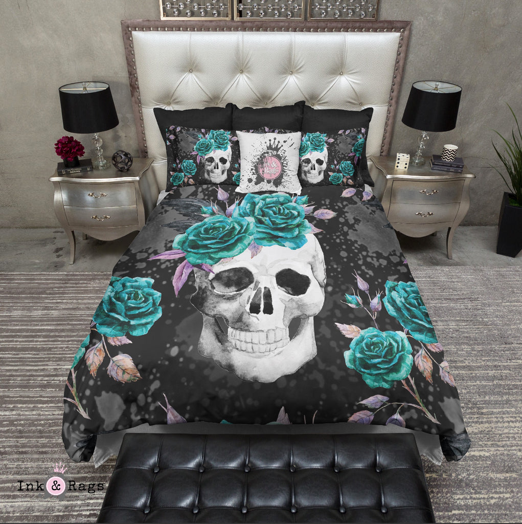 Antiqued Turquoise Rose Skull Bedding Collection