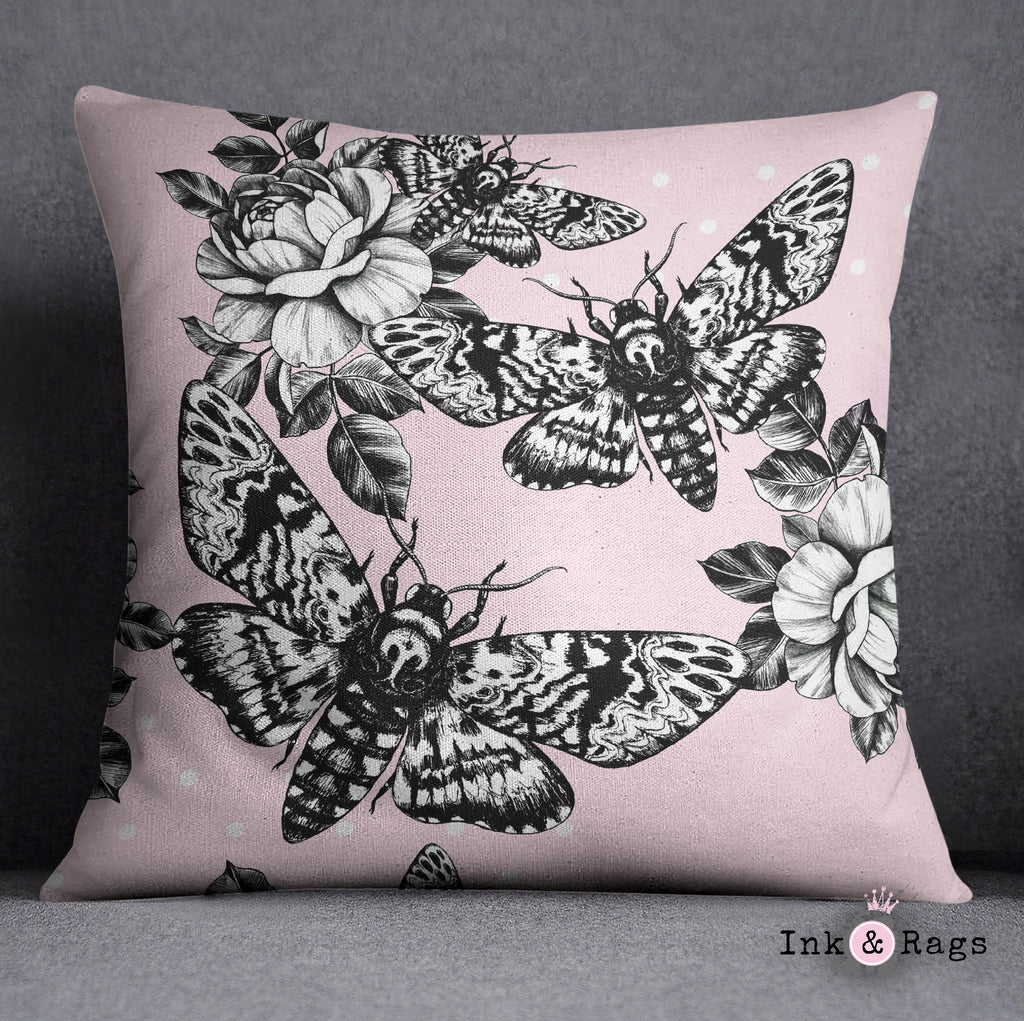 Pink Death Head Moth Skull and Rose Throw Pillow