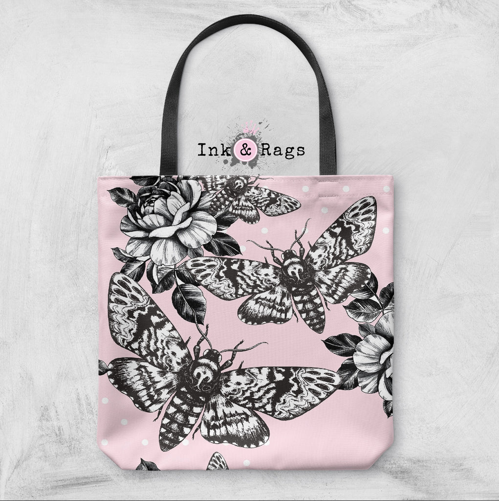 Pink Death Head Moth and Rose Casual Tote