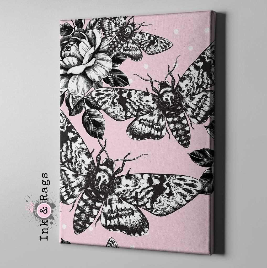 Pink Death Head Moth and Rose Gallery Wrapped Canvas