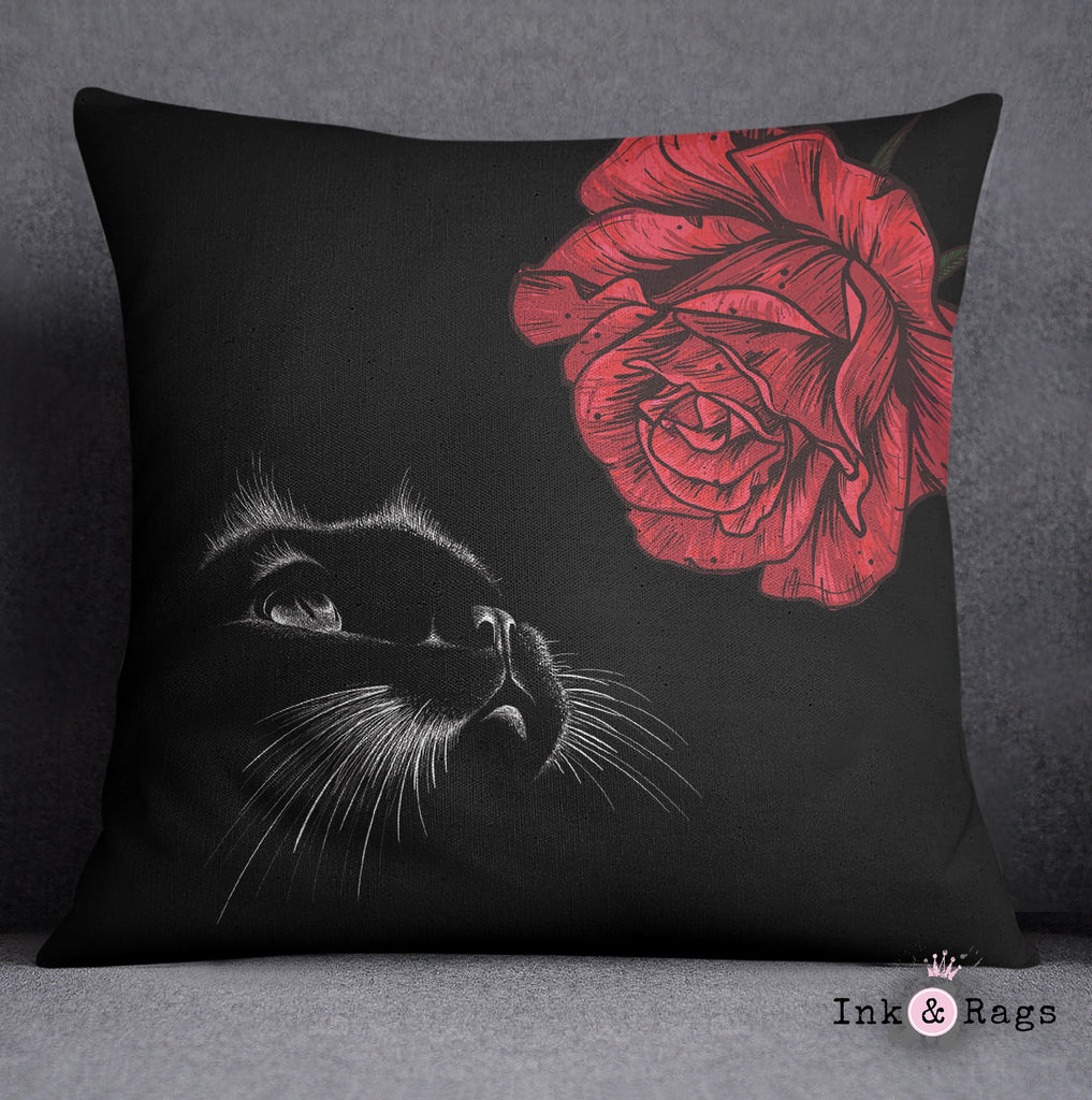 Here Kitty Kitty Red Rose Cat Throw Pillow