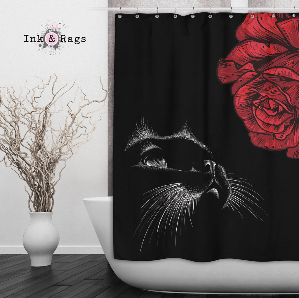 Here Kitty Kitty Red Rose Cat Shower Curtains and Optional Bath Mats