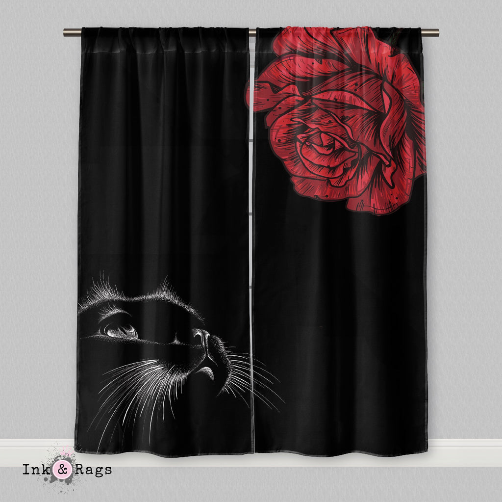 Here Kitty Kitty Red Rose Cat Curtains