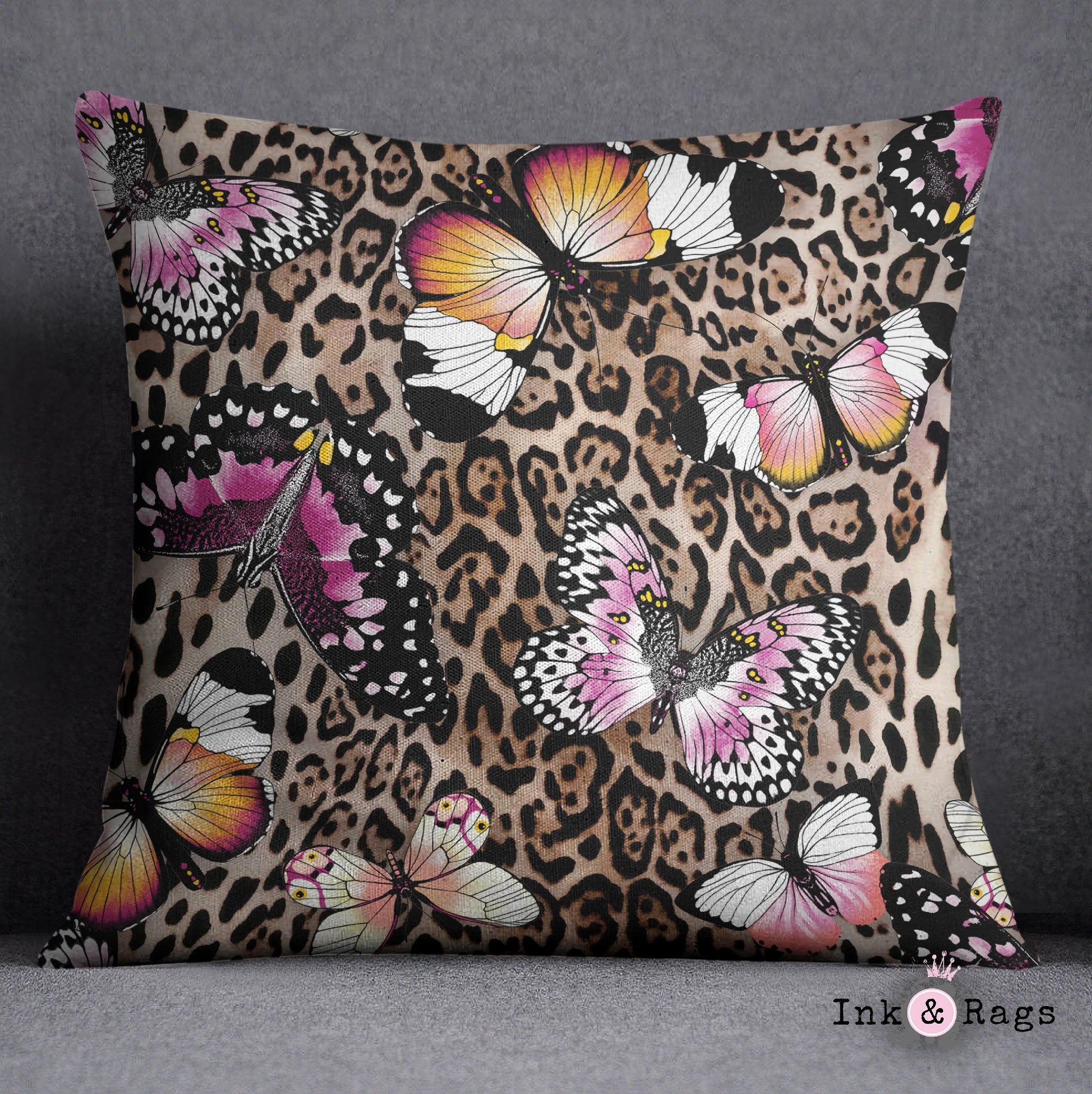 Leopard and Butterfly Throw Pillow Ink and Rags