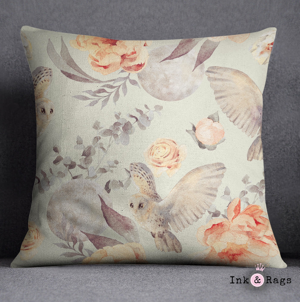 Watercolor Owl Moon and Rose Throw Pillow