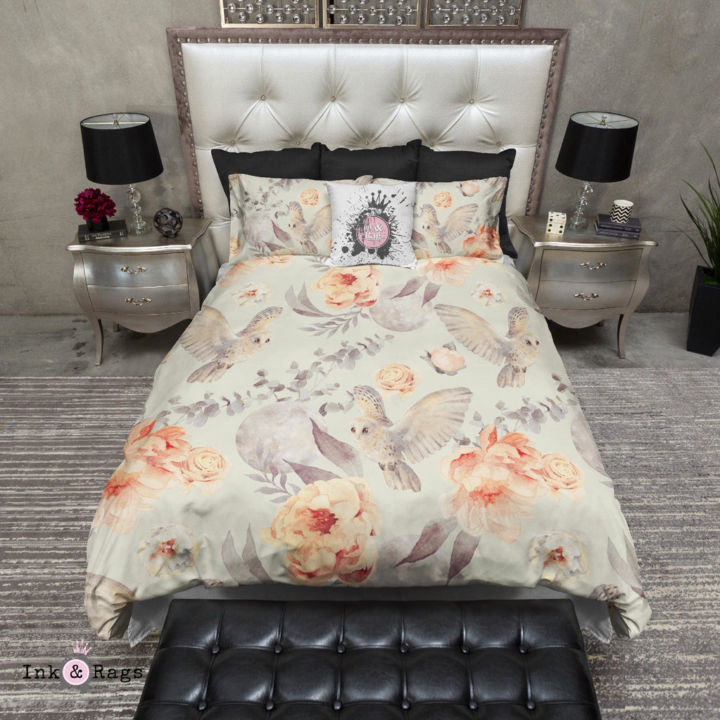 Watercolor Owl Moon and Rose Bedding Collection