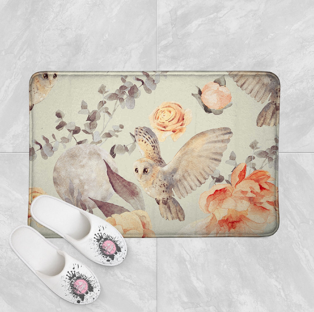 Watercolor Owl Moon and Rose Shower Curtains and Optional Bath Mats