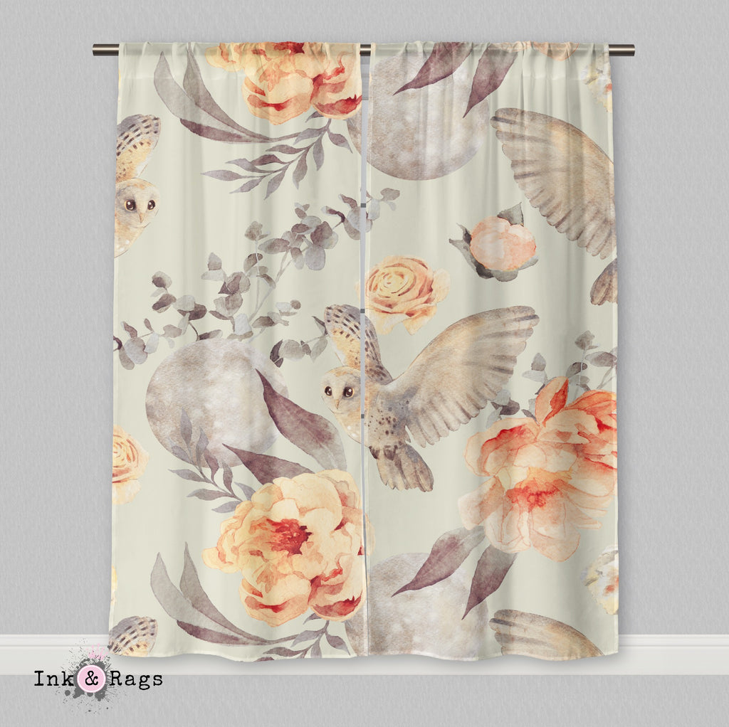 Watercolor Owl Moon and Rose Curtains