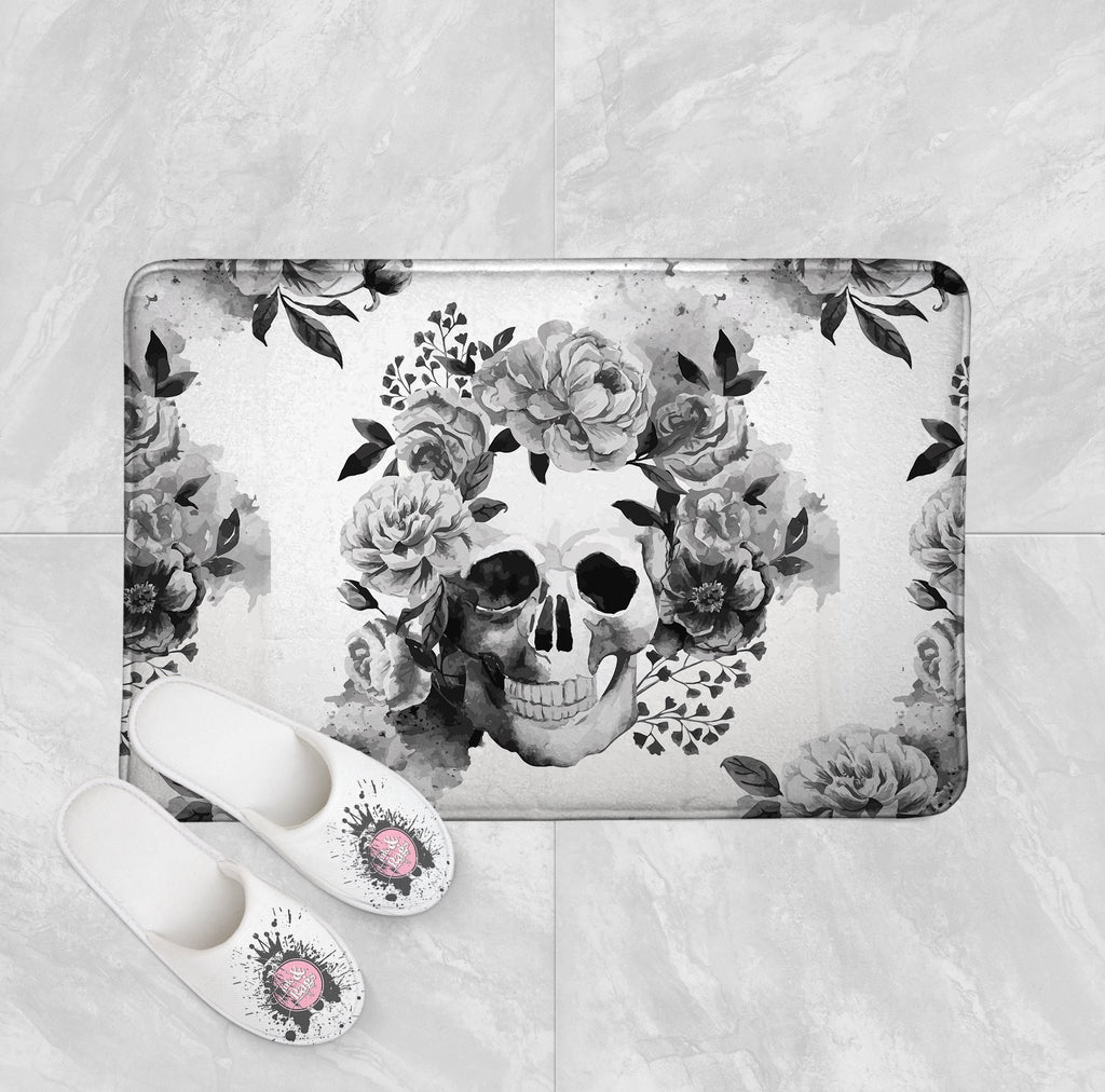 Black and White Watercolor Skull Shower Curtains and Optional Bath Mats