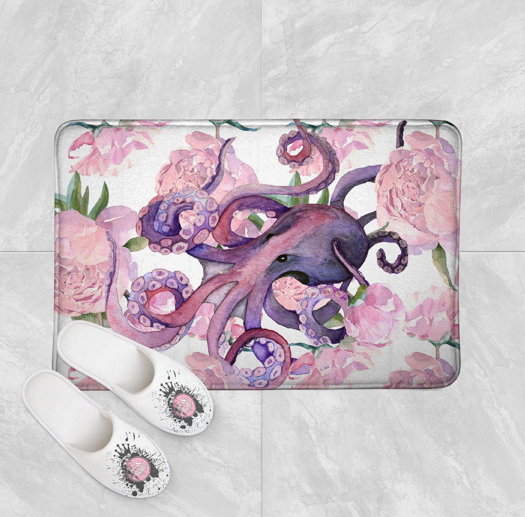 Pink Peony Purple Octopus Shower Curtains and Optional Bath Mats