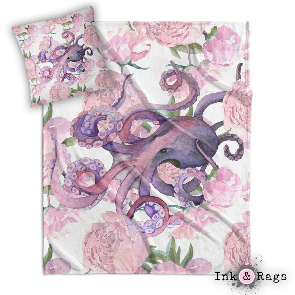 Pink Peony Purple Octopus Decorative Throw and Pillow Cover Set