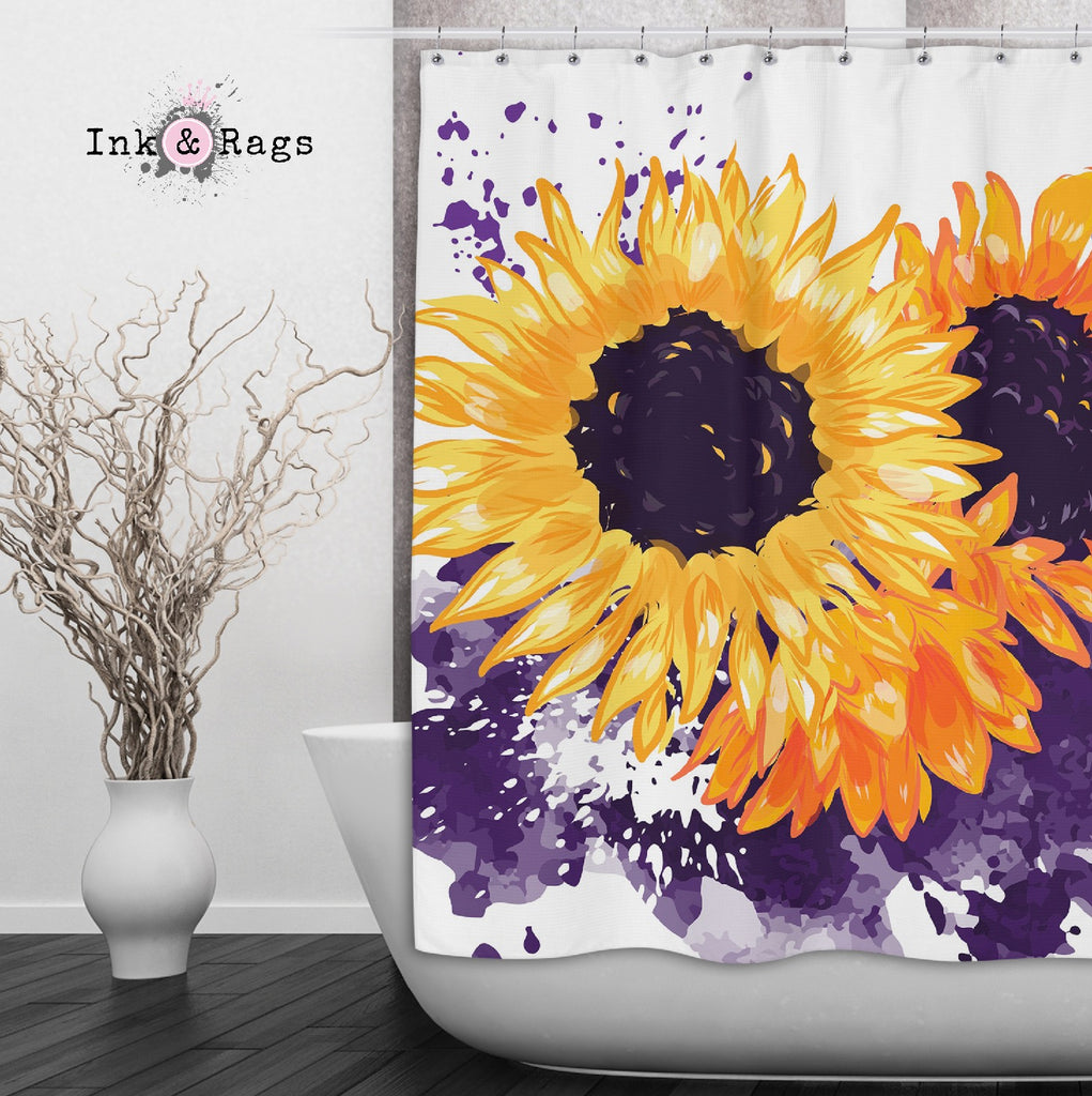 Sunflowers with a Splash of Purple Shower Curtains and Optional Bath Mats